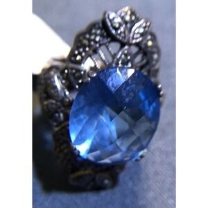 Big Blue Stone Filigree Ring Sz7 Silver 925 NWT (All Stones Simulated)